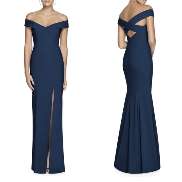 Dessy Collection Off-the-Shoulder Criss Cross Trumpet Gown Style 3012 Midnight - Picture 1 of 9